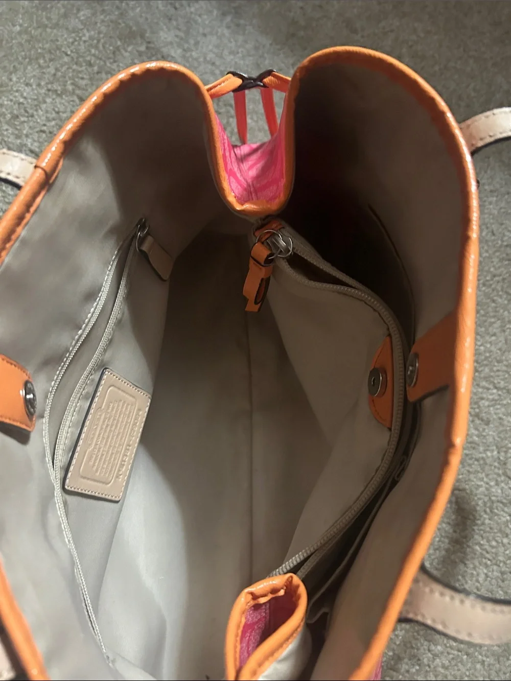 Coach Pink Signature Shoulder Tote with Orange Center Stripe and Tan Handles